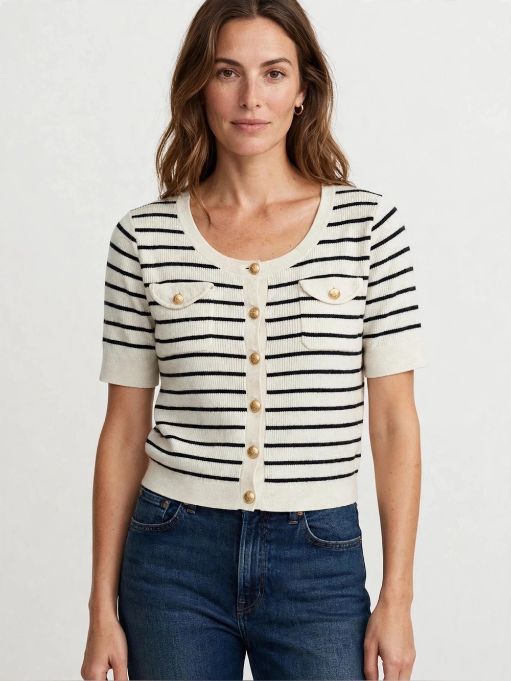 J. Crew Re-Imagined Mariner Striped L Cropped Cardigan - Merino Wool/Linen Blend